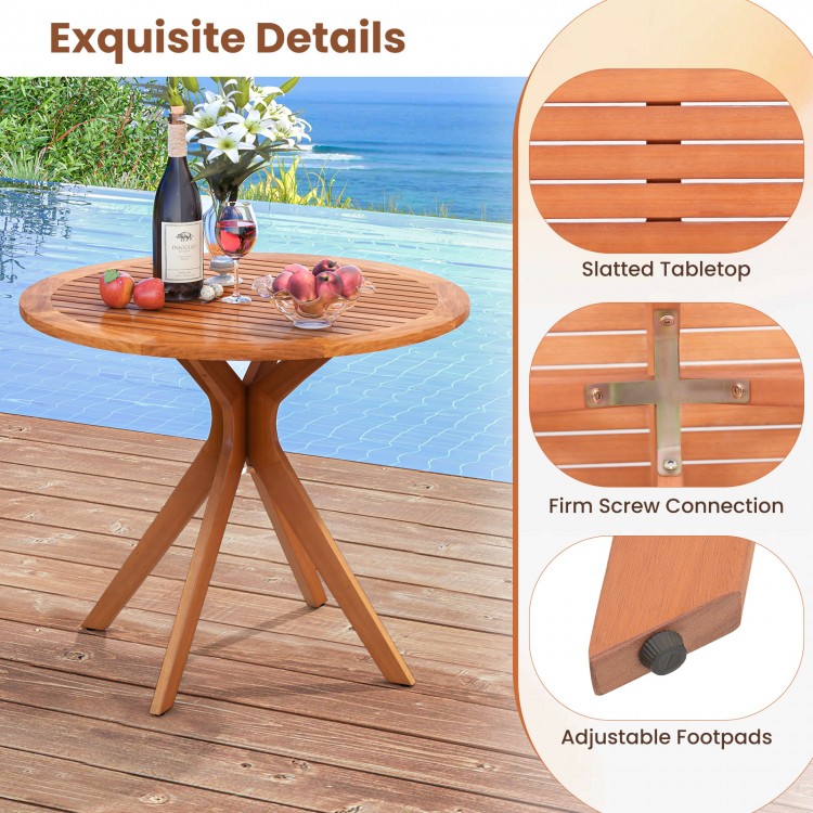 35.5-inch patio wood dining table with slatted tabletop and curved legs, perfect for backyard gatherings and stability.