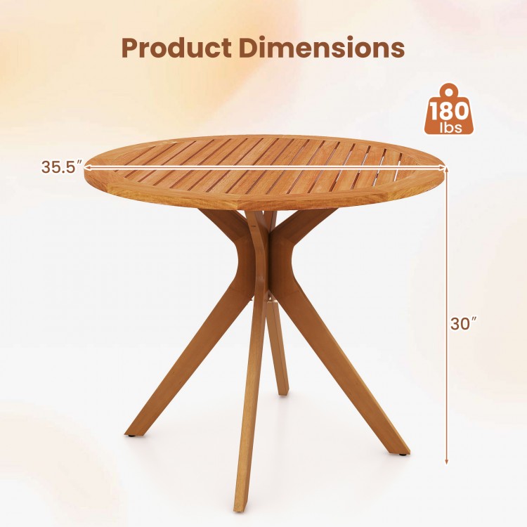 35.5-inch patio wood dining table with slatted tabletop, curved legs, and adjustable footpads for outdoor use.