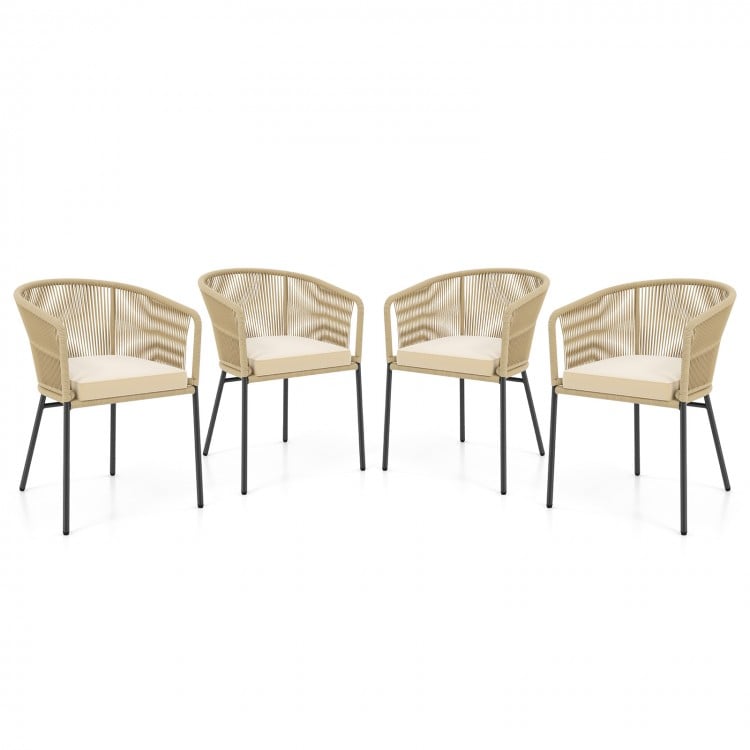 Set of 4 patio chairs with curved backrest and seat cushions in yellow, designed for comfort and relaxation outdoors.