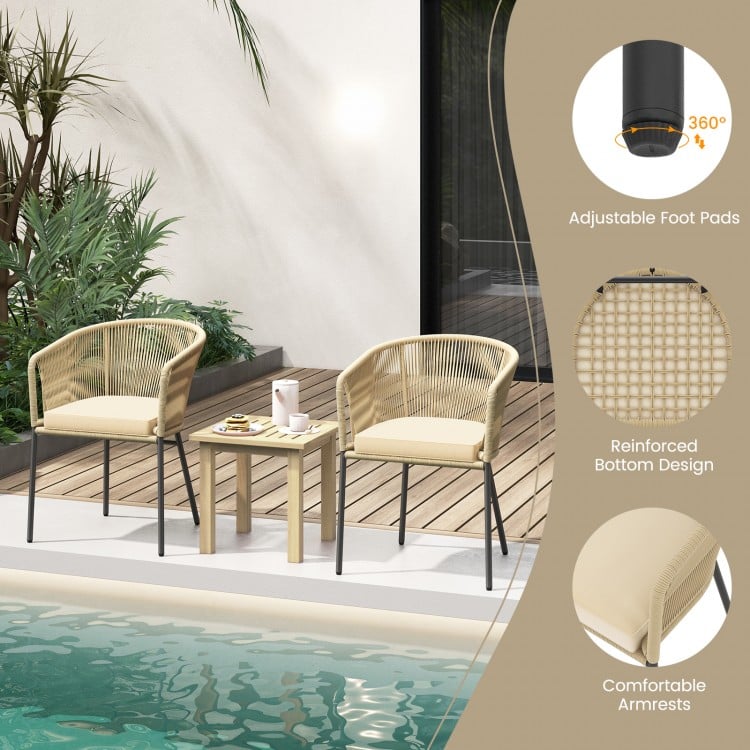 Set of two yellow patio chairs with curved backrests and cushions, ideal for outdoor relaxation by the pool.