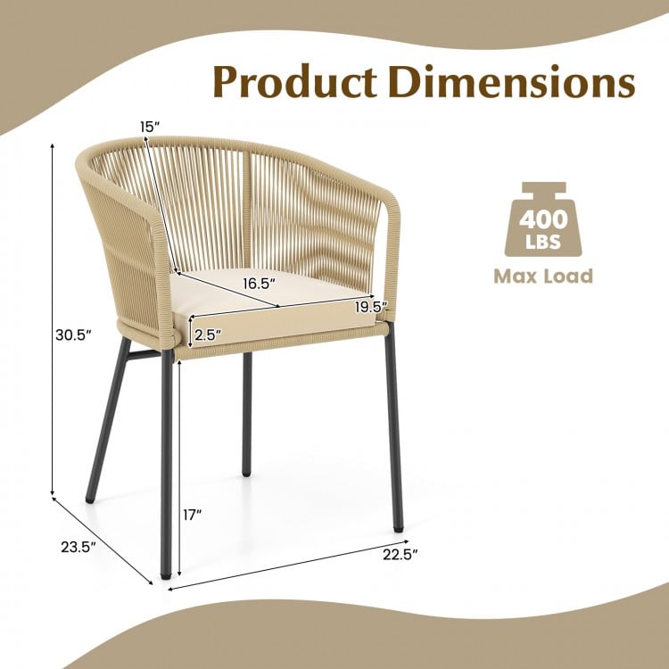 Patio chair dimensions with curved backrest, sponge-filled cushion, and 400 lbs max load for outdoor relaxation.