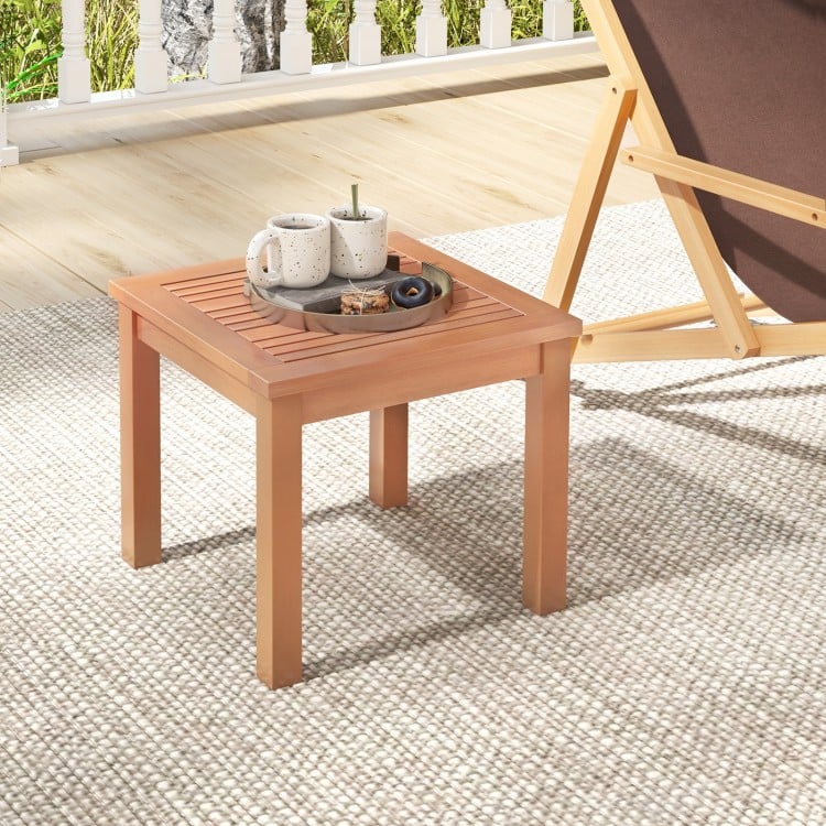 Square end outdoor side table made of natural eucalyptus wood with a slatted tabletop, ideal for indoor and outdoor use.