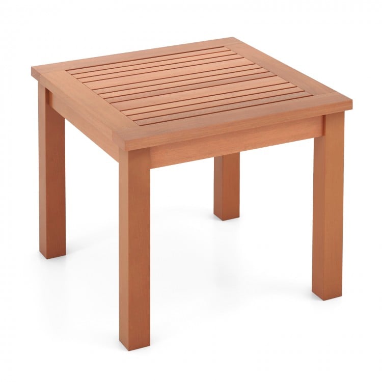 Square 18-inch outdoor side table made of natural eucalyptus wood with a slatted tabletop, perfect for indoor and.