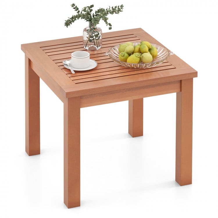 Square 18-inch outdoor side table made of natural eucalyptus wood with a slatted top, perfect for indoor and outdoor.