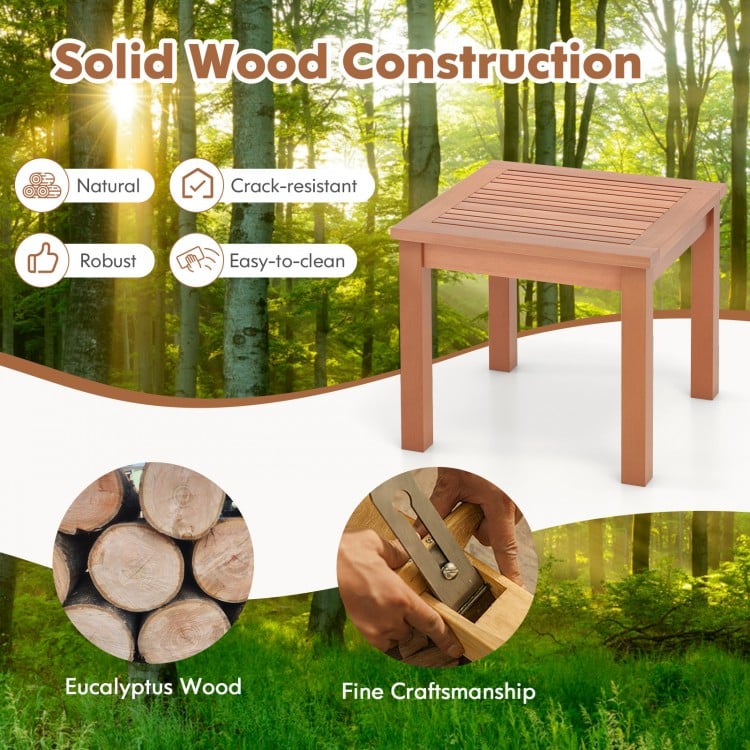 18-inch square outdoor side table made of natural eucalyptus wood with a slatted top, perfect for indoor and outdoor.