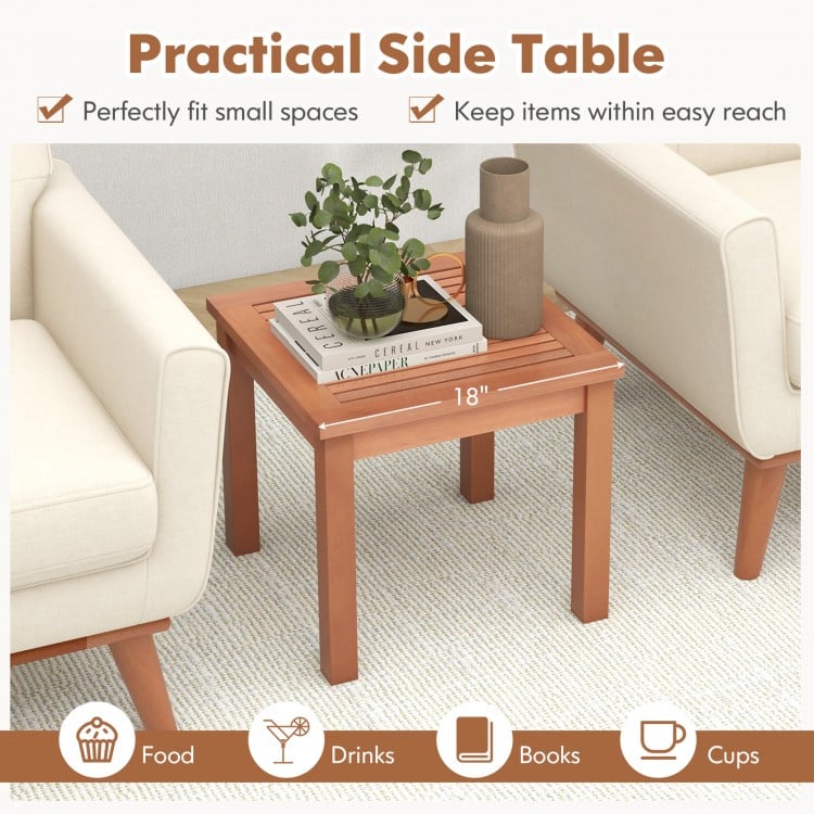 Square 18-inch Adirondack side table in natural eucalyptus wood, featuring a slatted tabletop for outdoor use.
