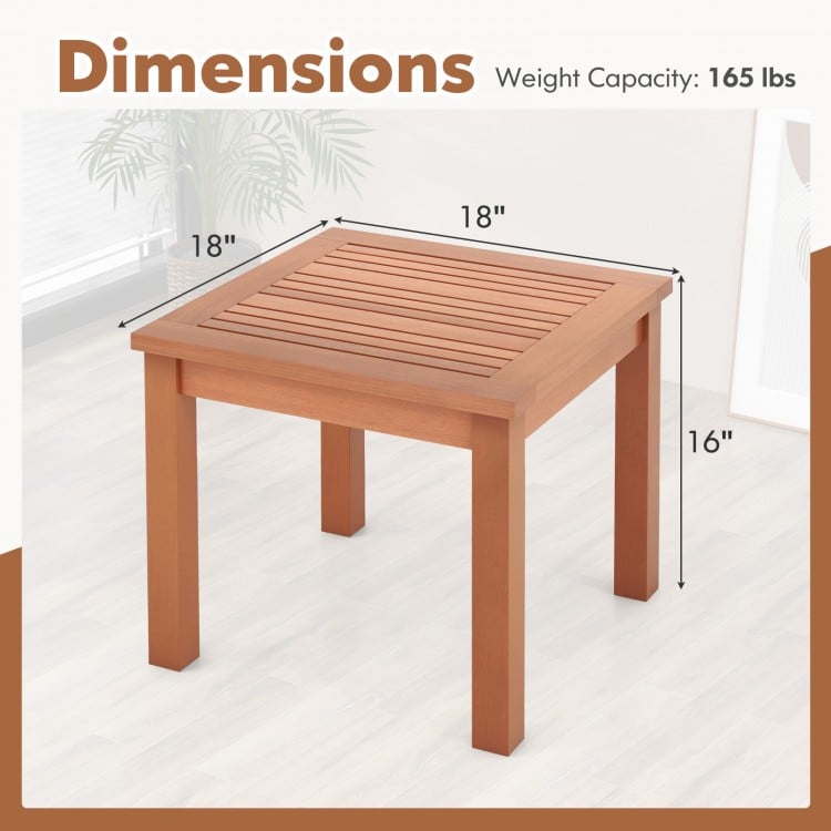 18-inch square outdoor Adirondack side table in natural eucalyptus wood with slatted tabletop, ideal for indoor and.