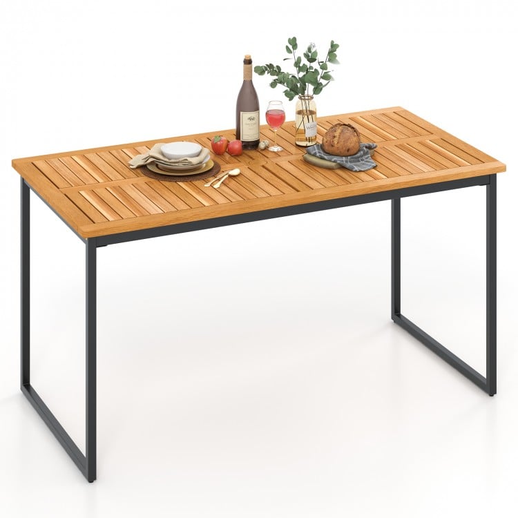 Acacia wood dining table for 6 with slatted tabletop and umbrella hole, perfect for indoor and outdoor use.