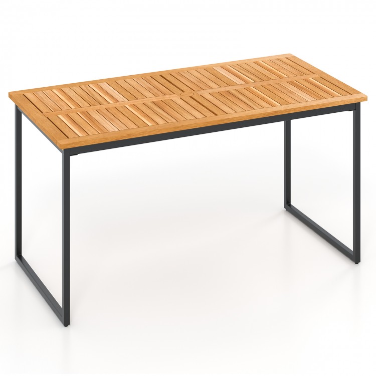 Acacia wood dining table for 6 featuring a slatted design and sturdy powder-coated metal legs, ideal for garden dining.