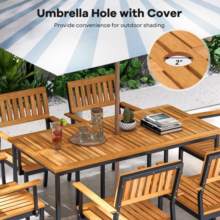 Acacia wood dining table for 6 with slatted tabletop and integrated umbrella hole, ideal for outdoor shading.