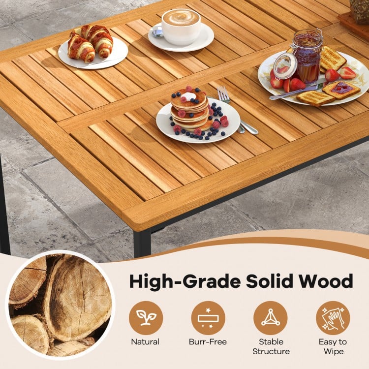 Close-up of the acacia wood tabletop's slatted design, showcasing its natural charm and smooth finish for easy wiping.