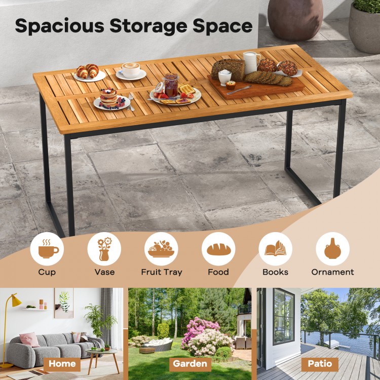Acacia wood dining table for 6 with slatted tabletop and umbrella hole, perfect for outdoor patio gatherings.
