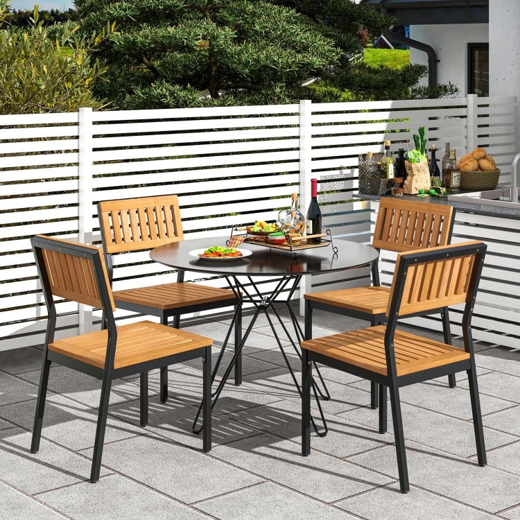 Patio dining chair set featuring acacia wood and metal frame, designed for comfort and stability in outdoor settings.