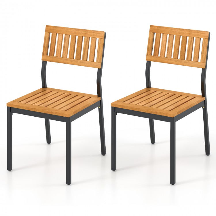 Set of 2 patio dining chairs featuring acacia wood slats and a sturdy metal frame, ideal for outdoor dining.