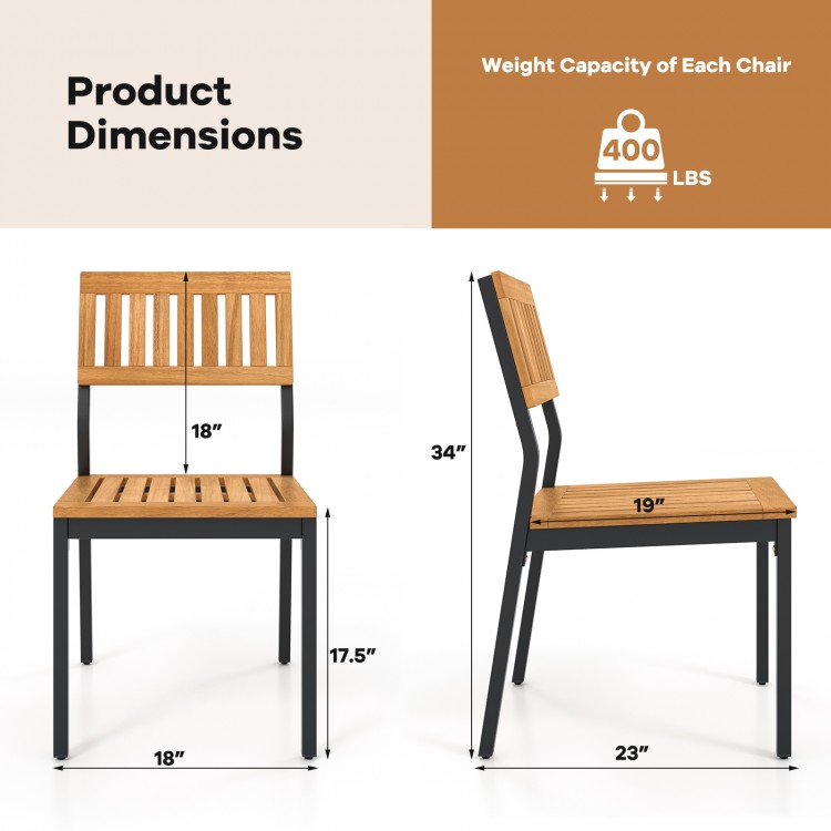 Patio dining chair dimensions with acacia wood and metal frame, supports 400 lbs, features slatted design for comfort.