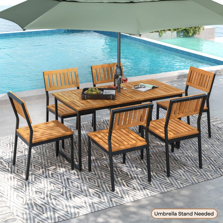 Patio dining chair set featuring acacia wood and metal frame, designed for comfort and durability in outdoor settings.