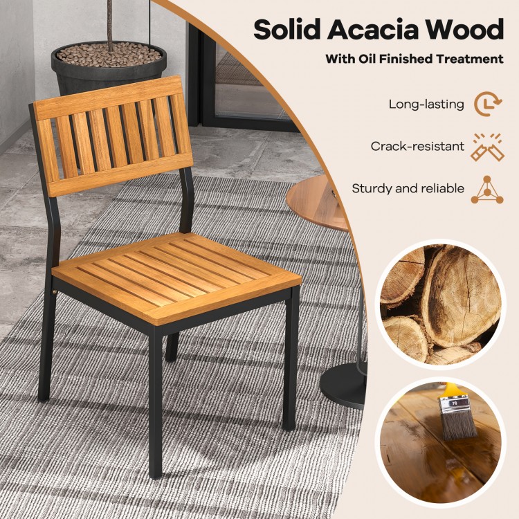 Patio dining chair made of solid acacia wood and metal, featuring a slatted design for comfort and modern-rustic charm.