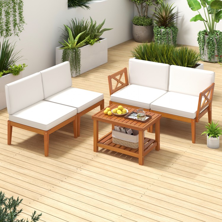 Sectional sofa from the 5-piece acacia wood patio set, featuring soft off-white cushions for comfortable outdoor.