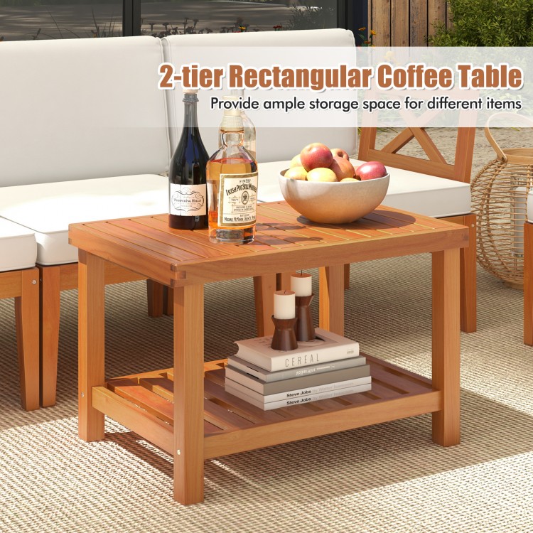 2-tier rectangular coffee table in acacia wood, offering ample storage space for outdoor patio items.
