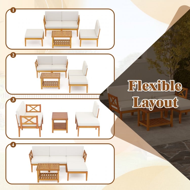 Flexible layout of a 5-piece acacia wood patio furniture set with cushions, ideal for outdoor spaces like gardens and.