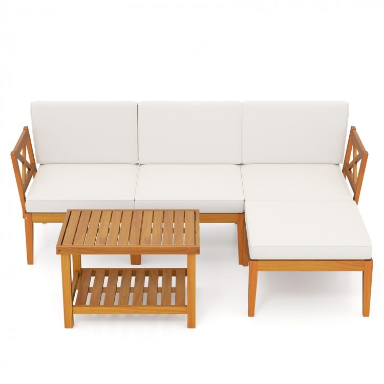 L-shaped acacia wood patio furniture set with white cushions and a 2-tier coffee table, perfect for outdoor relaxation.