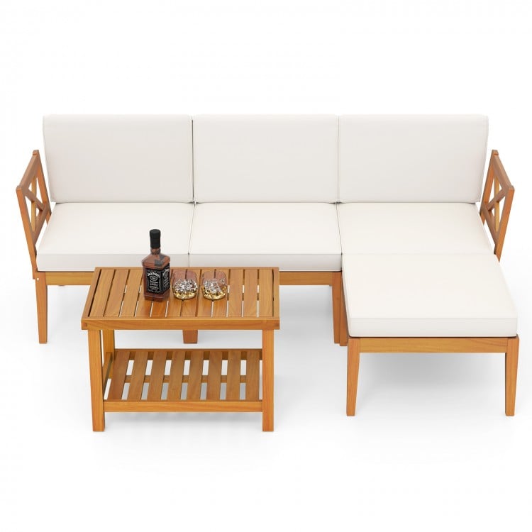 Acacia wood patio furniture set with white cushions and 2-tier coffee table, perfect for outdoor relaxation.