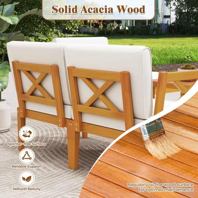 Solid acacia wood patio furniture set featuring a 2-tier coffee table and white cushions, ideal for outdoor relaxation.