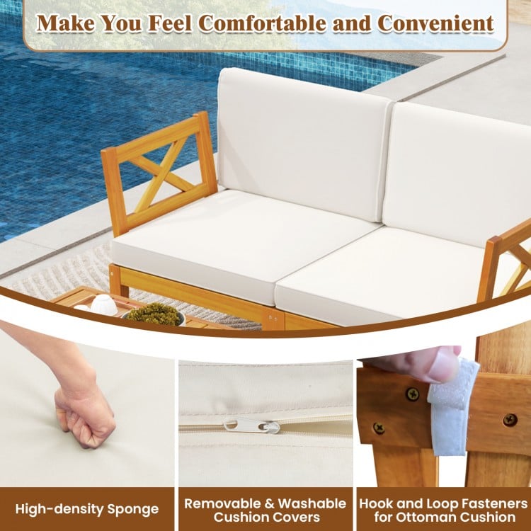 Acacia wood patio sofa set with white cushions, featuring removable covers and high-density sponge for comfort.