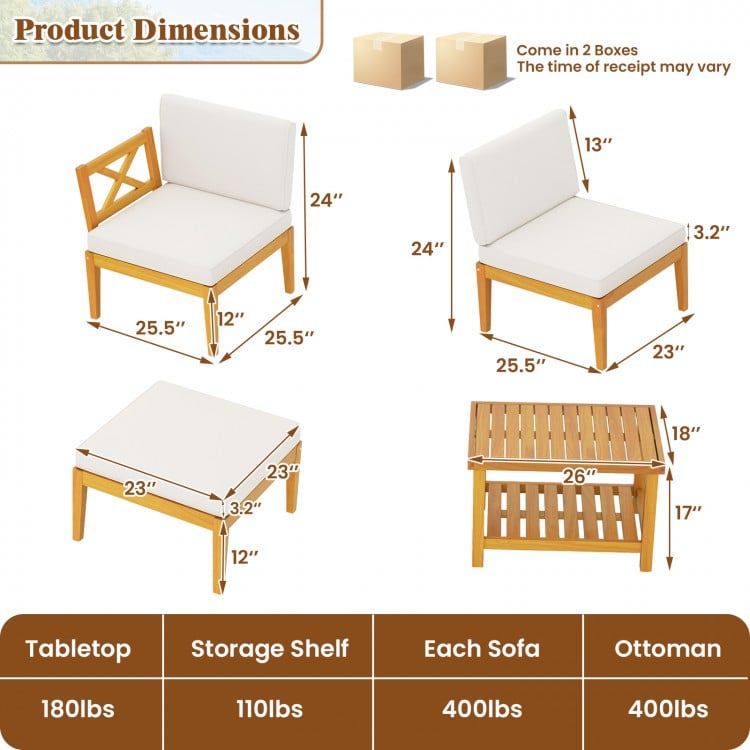 5-piece acacia wood patio furniture set featuring a 2-tier coffee table and white cushions, perfect for outdoor spaces.