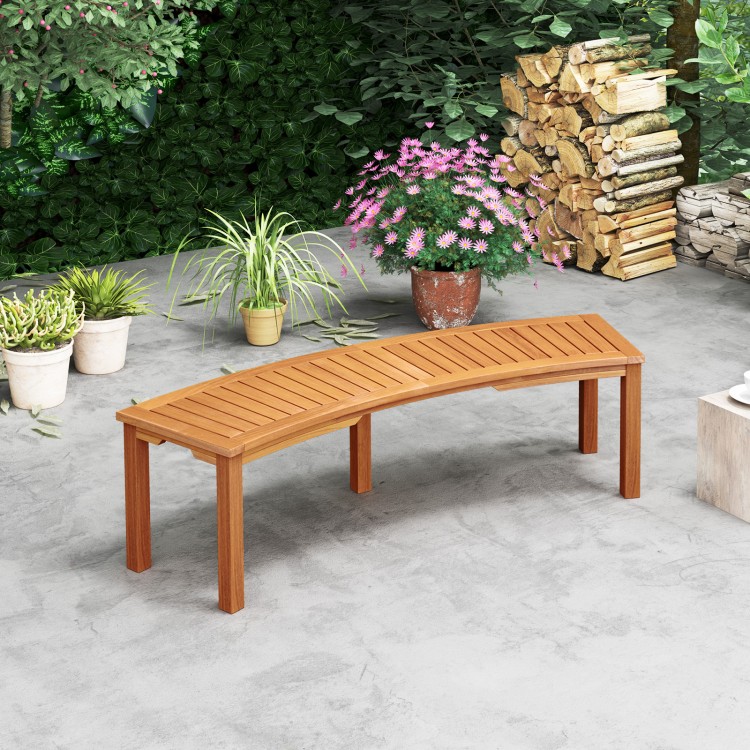 Curved acacia wood fire pit bench with slatted seat, designed for outdoor use in backyards or poolside, seats 2.