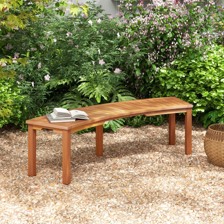 Curved acacia wood fire pit bench with slatted seat, ideal for backyard or poolside seating, supports up to 800 lbs.