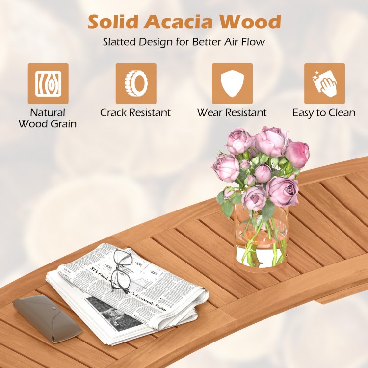 Curved acacia wood fire pit bench with slatted seat, oil-painted finish, ideal for backyard or poolside use.