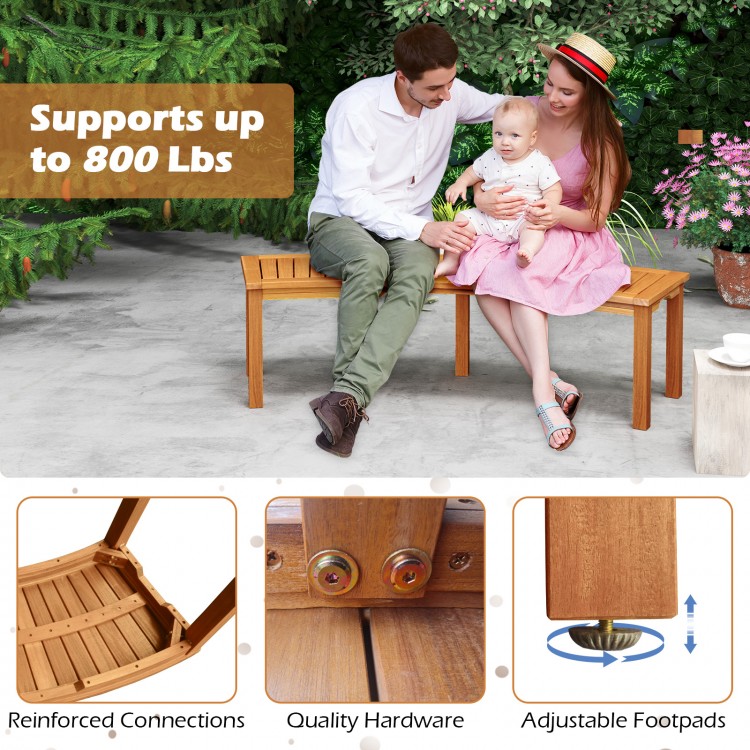 Outdoor curved acacia wood fire pit bench with slatted seat, supports 800 lbs, ideal for backyard or poolside use.