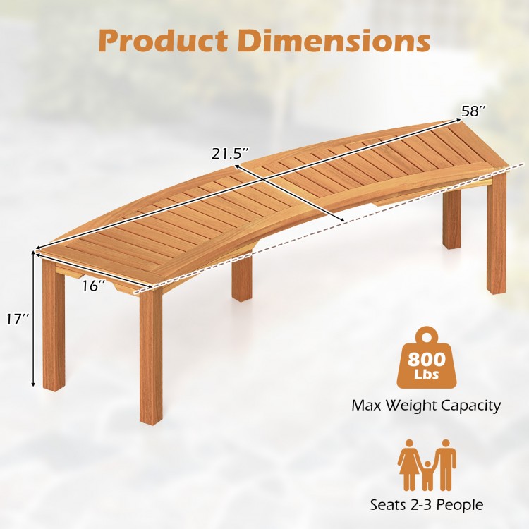 Curved acacia wood fire pit bench dimensions, seating 2-3 people, with a max weight capacity of 800 lbs.
