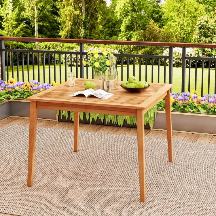 Acacia wood dining bistro table with natural finish, 40 inches, featuring a 1.96-inch umbrella hole, ideal for outdoor.