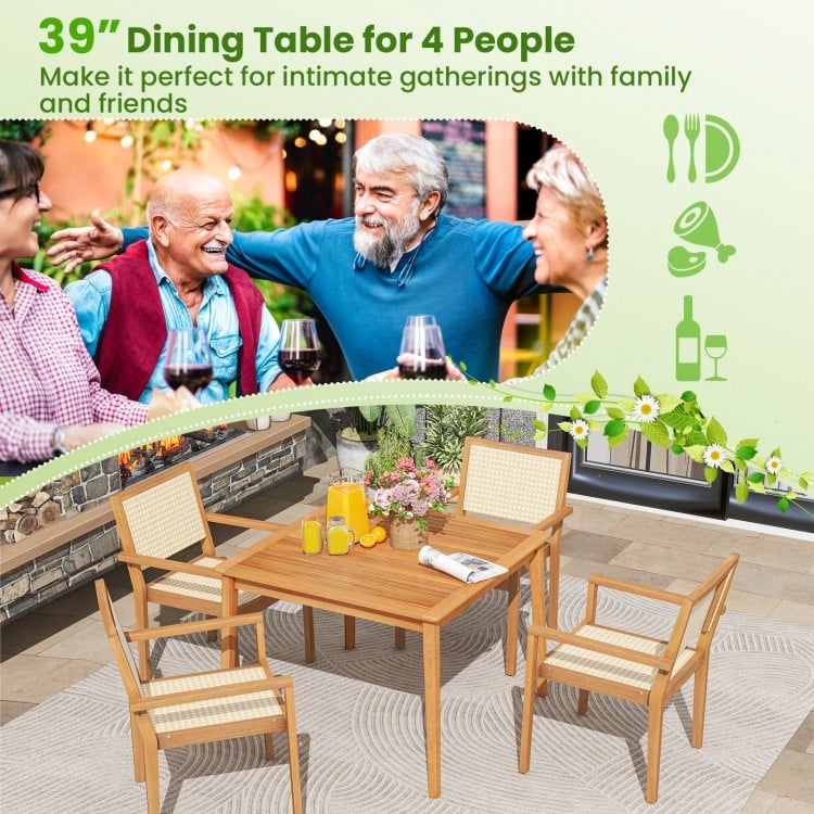 39” acacia wood dining table for 4 with umbrella hole, perfect for intimate gatherings on the patio or porch.