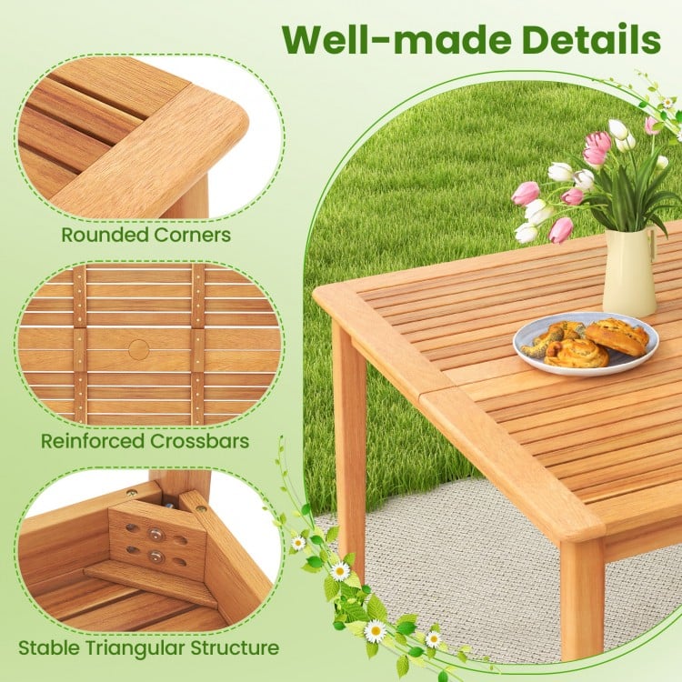 Close-up of the 40-inch acacia wood dining table showcasing rounded corners and reinforced crossbars for patio use.