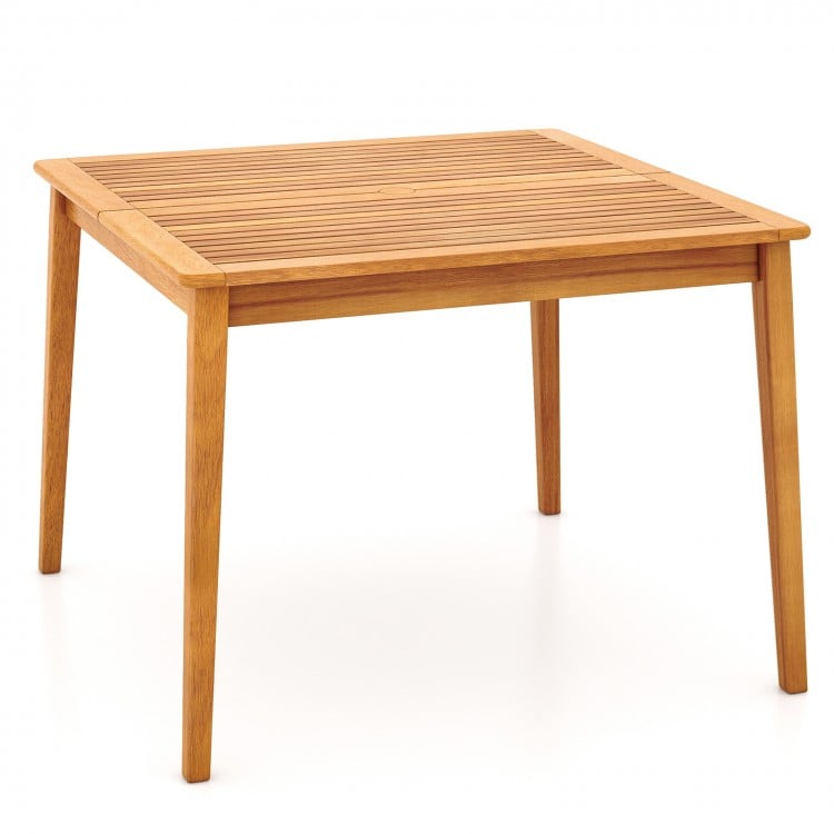 Acacia wood dining bistro table with a natural finish, featuring a 1.96" umbrella hole, perfect for outdoor gatherings.
