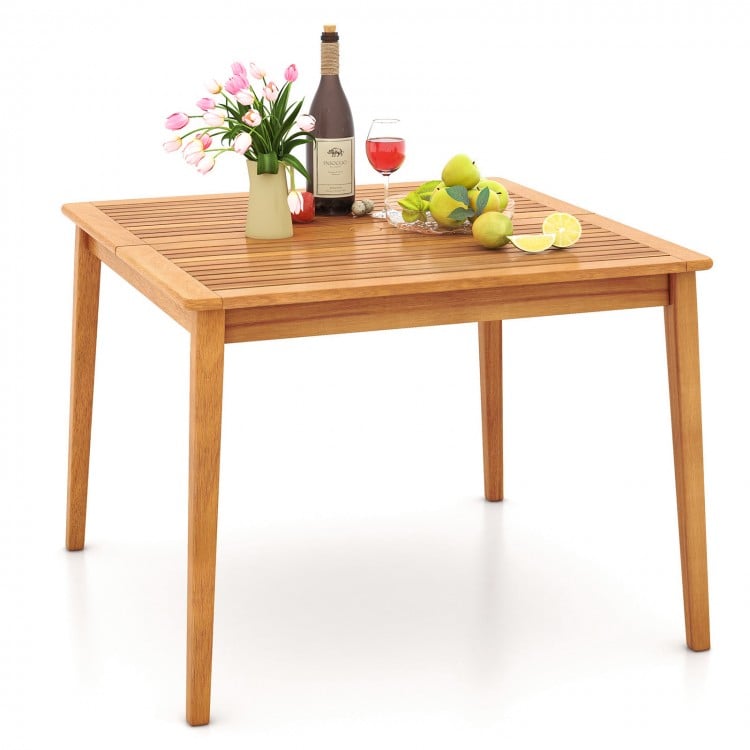 Acacia wood dining bistro table with natural finish, 40 inches, featuring a 1.96-inch umbrella hole for outdoor use.