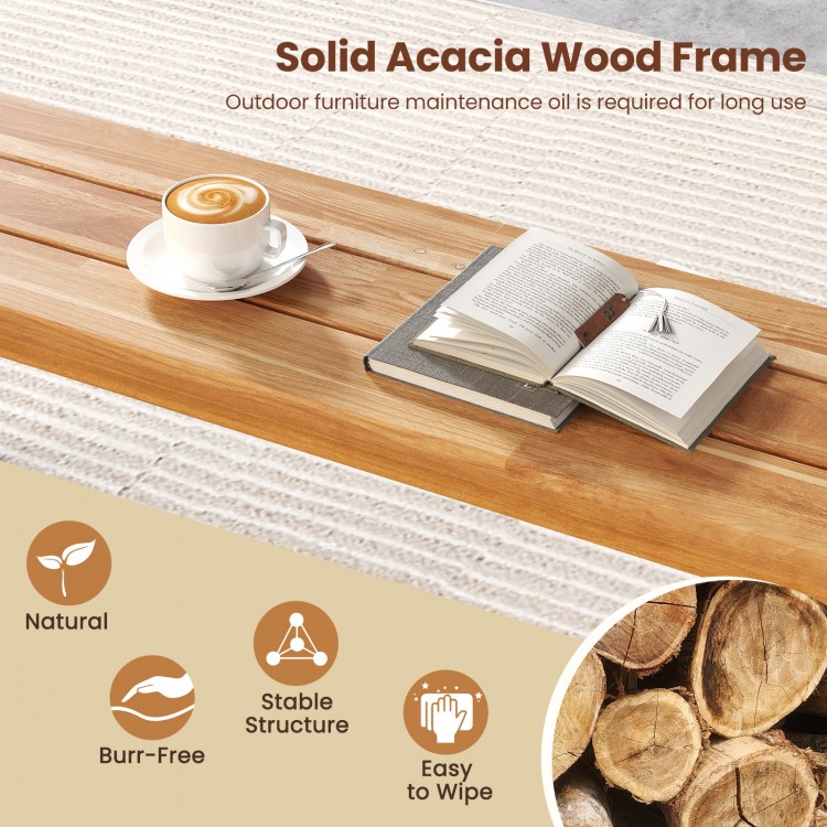 Acacia wood backless bench with a 63-inch seating area, featuring a smooth, splinter-free surface for outdoor use.