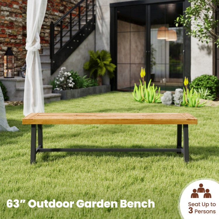 63-inch backless acacia wood outdoor bench with metal frame, seating up to 3 persons, ideal for patio or backyard use.