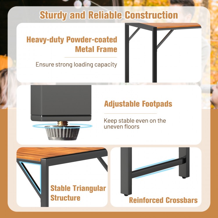 Close-up of the sturdy metal frame and acacia wood tabletop of the 3-piece patio dining set for outdoor gatherings.