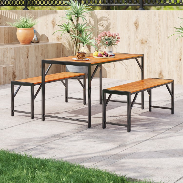 Side view of the 3-piece patio dining set showcasing the acacia wood table and benches, ideal for outdoor dining spaces.