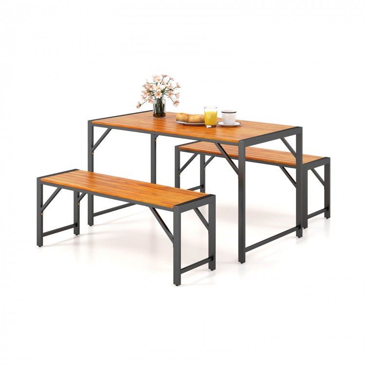 3-piece patio dining set featuring an acacia wood table and two benches, perfect for outdoor dining and gatherings.