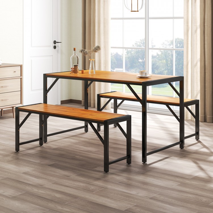 Rectangular acacia wood dining table with two benches, perfect for outdoor patios and dining spaces.