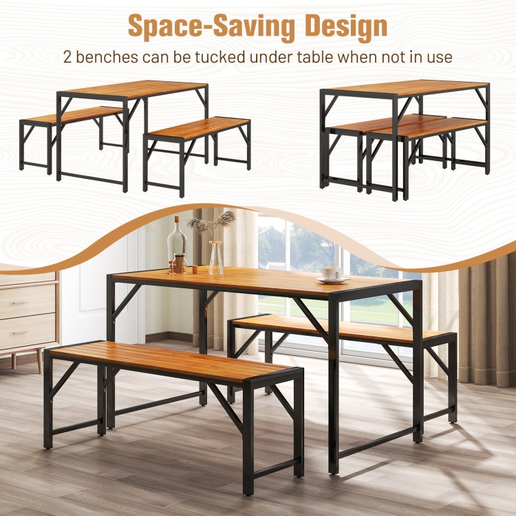 3-piece patio dining set featuring an acacia wood table and 2 benches, designed for space-saving and durability.