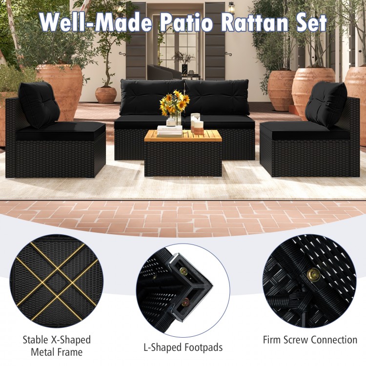 L-shaped footpad detail of the black 5-piece outdoor furniture set, enhancing stability for backyard or patio use.