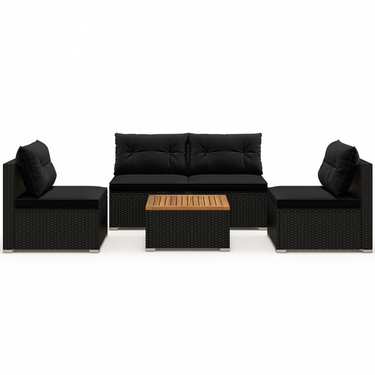 5-piece outdoor furniture set featuring black cushions and a solid tabletop, ideal for backyard or poolside relaxation.