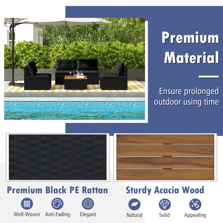 5-piece outdoor furniture set featuring premium black PE rattan, soft cushions, and a solid tabletop for backyard.