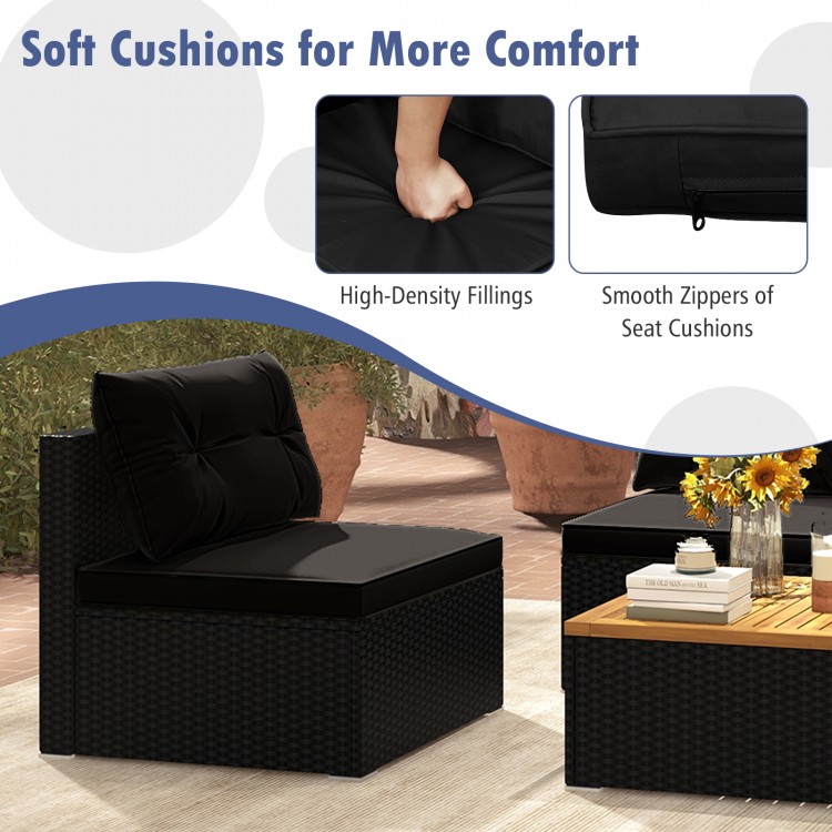 Black outdoor furniture set with soft cushions and zippers for easy cleaning, ideal for backyard and poolside.